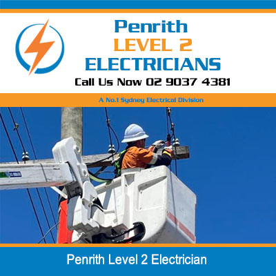 Level 2 electrician in elevated platform working on power lines and equipment in Penrith